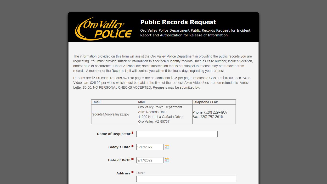 Public Records Request - reporting.orovalley.net